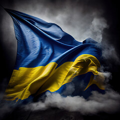 Ukraina flag fluttering with cloud background. Illustration generated by ai.Ukraine flag large national symbol.  - obrazy, fototapety, plakaty