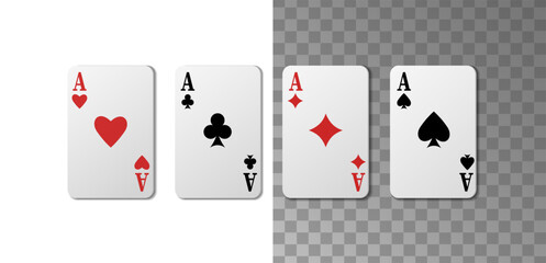  3s realistic vector icon. Playing cards of aces of diamonds clubs spades and hearts on white background.