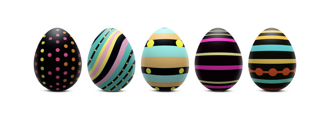 A row of stylish Easter eggs in retro style of 1980s on a transparent background. Seven multicolored Easter Eggs are decorated with colorful stripes and dots on a transparent background. PNG element.