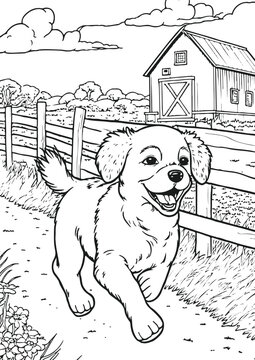 Coloring book for kids.Worksheets for teachers to teach.Dog running in park.
