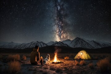 Bright tents in the field and snow mountains in the distance. AI technology generated image