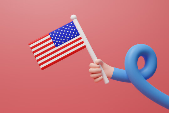 3D cartoon hand holding the United States of America flag isolated on a red background. Happy 4th july, People hold American flag. American Independence Day national holiday. 3d render illustration
