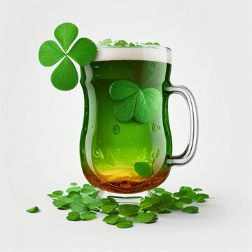 Green celebratory St Patrick's Day beer pint with shamrocks, isolated on white background for text or additional images