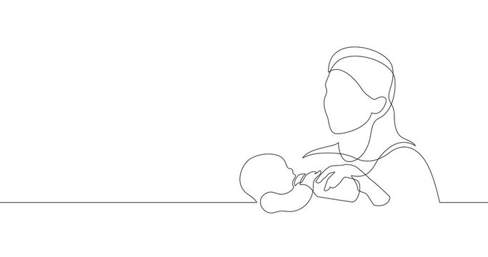Animation of an image drawn with a continuous line. Mother feeds the child.