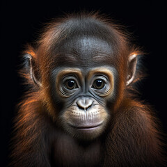 Portrait of young orang-utan in the rainforest 