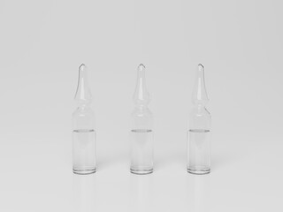 3D rendered image of 3 clear glass ampoules with clear liquid in them