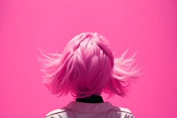 Fototapeta premium Woman with flying pink hair on a pink background view from the back, stylish fashion and beauty concept, arched hair. Generative AI.
