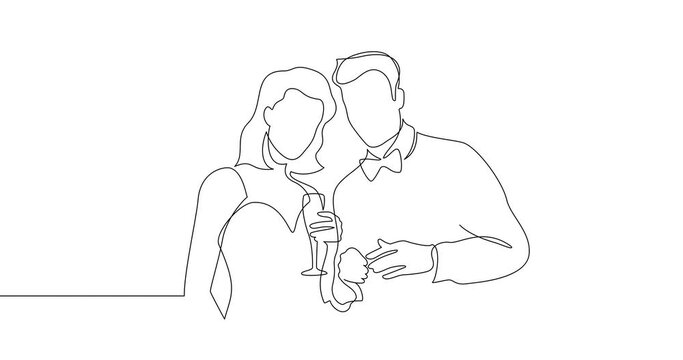 Animation of an image drawn with a continuous line. Man and woman with glasses of wine.