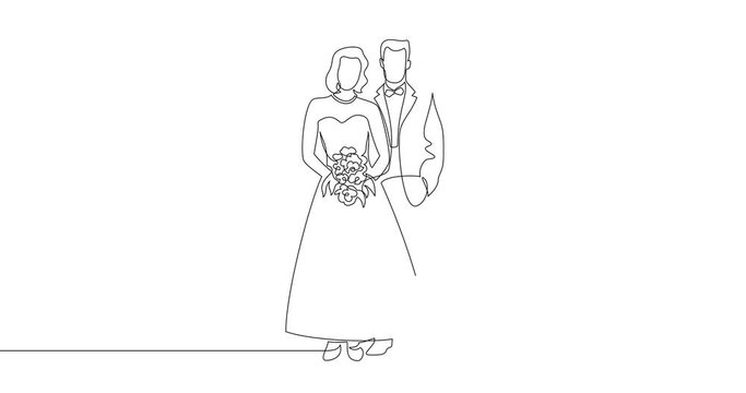 Animation of an image drawn with a continuous line. Bride and groom with bridal bouquet at wedding ceremony.