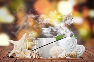 Aroma incense sticks with smoke on the desk