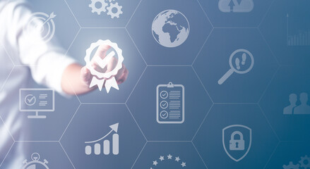 Businessman touching on certificate icons. ISO certification standardization concept. Business process control optimization industrial workflow and technology. Assurance certification guarantee.