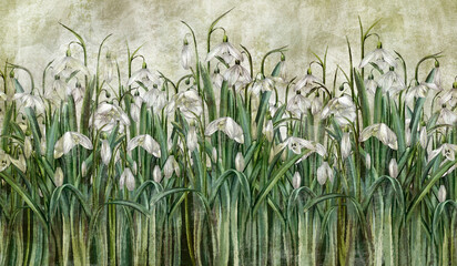 flowers on a textural background, art drawing, photo wallpaper in the interior