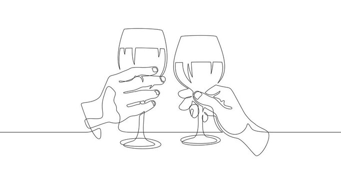 Animation of an image drawn with a continuous line. Hands holding wine glasses.