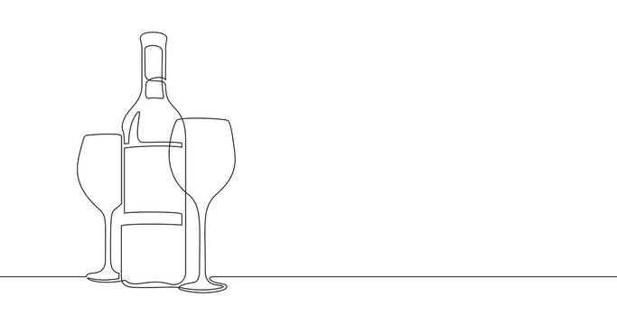 Animation of an image drawn with a continuous line. Wine bottle and glasses.