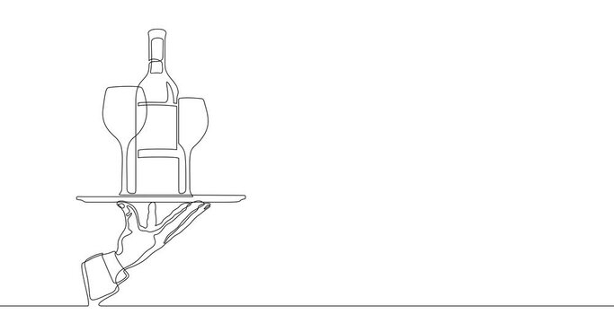 Animation of an image drawn with a continuous line. Waiter hand holding tray with wine bottle and glasses.