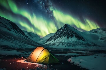 Bright tents in the field and snow mountains in the distance. AI technology generated image