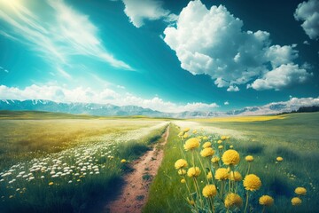 Beautiful natural landscape with dandelions and yellow flowers against a background of blue sky and white clouds. Summer spring perfect natural landscape. Generative AI