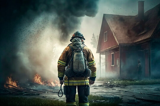 Firefighter rescuer man in protective clothing and helmet extinguishes fire in a burning house, house fire, a hero. Generative AI