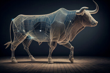 Bull on a dark background. Bullish market. Generative AI.