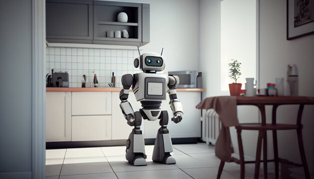 An image of an assistant robot in a smart home generated by AI