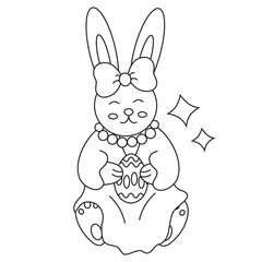 Fototapeta na wymiar Easter bunny with an egg in a dress and with a bow. Line art.