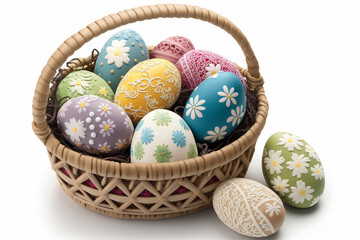 Isolated Against A White Background, Colorful Crafted Easter Eggs Are Displayed In A Basket, Easter Day, Generative Ai