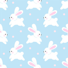 Rabbit jumping seamless pattern on baby blue background vector illustration