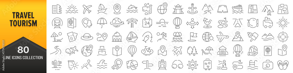 Poster travel and tourism line icons collection. big ui icon set in a flat design. thin outline icons pack.