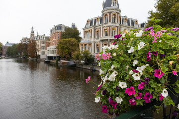 Fototapeta na wymiar Beautiful Colorful Flowers on a Bridge along a Canal in the Amsterdam Centrum District