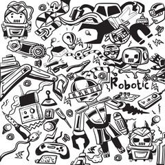set of cute robots. vector drawing in doodle style.   line drawing funny robots