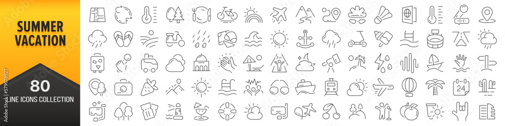 Poster summer vacation line icons collection. big ui icon set in a flat design. thin outline icons pack. ve