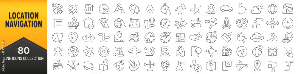 Poster Location and navigation line icons collection. Big UI icon set in a flat design. Thin outline icons pack. Vector illustration EPS10
