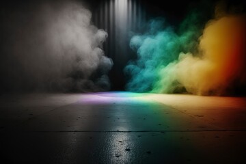 An empty stage with spotlights and smoke. AI technology generated image
