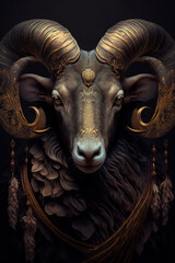 A close up of a rams head on a black background. Dark fantasy. Generative AI - obrazy, fototapety, plakaty