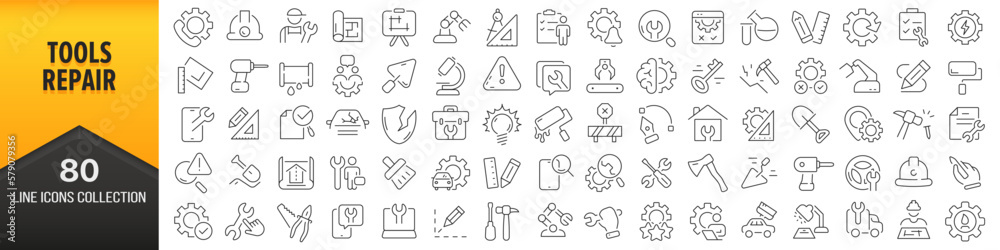 Poster tools and repair line icons collection. big ui icon set in a flat design. thin outline icons pack. v