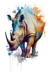 Obraz premium Illustration rhino in watercolor. Animal on a white background, generative AI