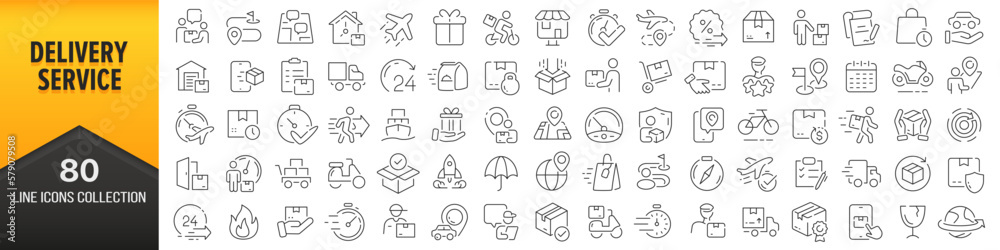 Poster delivery service line icons collection. big ui icon set in a flat design. thin outline icons pack. v