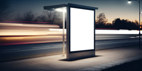 An empty blank billboard advertising poster at a bus stop at night. Generative ai