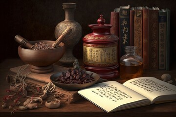 Fototapeta na wymiar Traditional Chinese medicine on the table. AI technology generated image