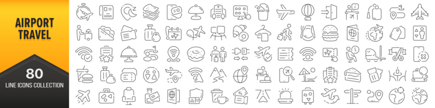 Airport Travel Line Icons Collection. Big UI Icon Set In A Flat Design. Thin Outline Icons Pack. Vector Illustration EPS10