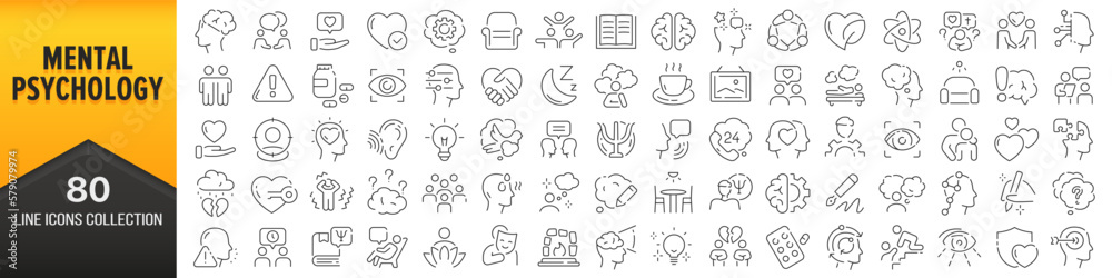 Poster mental and psychology line icons collection. big ui icon set in a flat design. thin outline icons pa