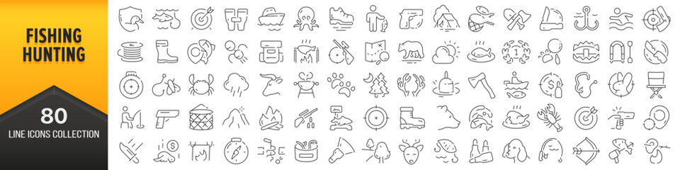 Fishing and hunting line icons collection. Big UI icon set in a flat design. Thin outline icons pack. Vector illustration EPS10