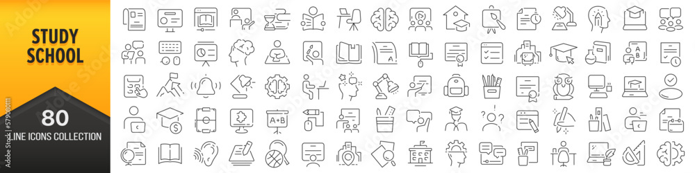 Poster Study and school line icons collection. Big UI icon set in a flat design. Thin outline icons pack. Vector illustration EPS10