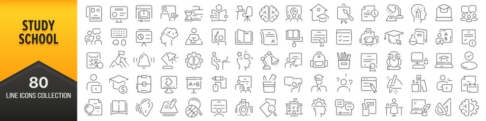 Study and school line icons collection. Big UI icon set in a flat design. Thin outline icons pack. Vector illustration EPS10