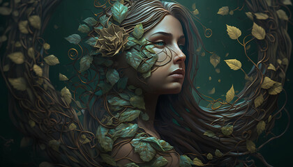 Portrait of a geen nature goddess covered with leaves