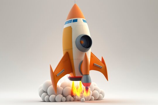 A small rocket launched on a white background. AI technology generated image
