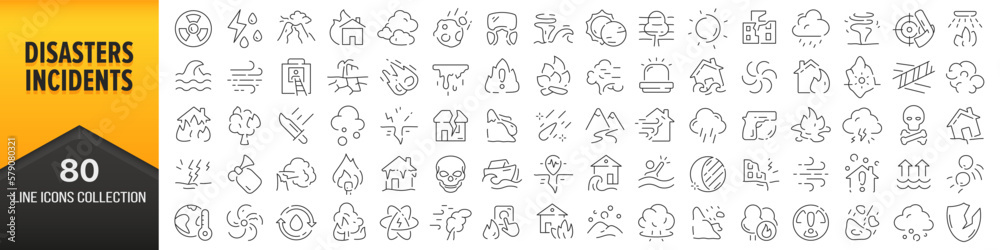 Poster disasters and incidents line icons collection. big ui icon set in a flat design. thin outline icons 