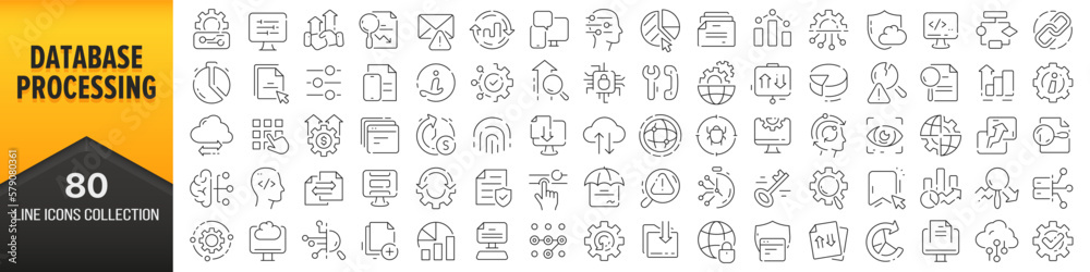 Aufkleber database and processing line icons collection. big ui icon set in a flat design. thin outline icons 