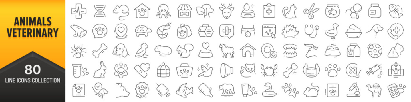 Animals and veterinary line icons collection. Big UI icon set in a flat design. Thin outline icons pack. Vector illustration EPS10