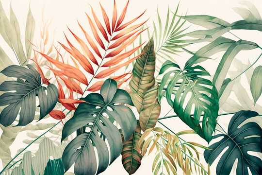 Palm leaves and flowers pattern in modern style, tropical print on white background, botanical design and green colors. Generative AI.